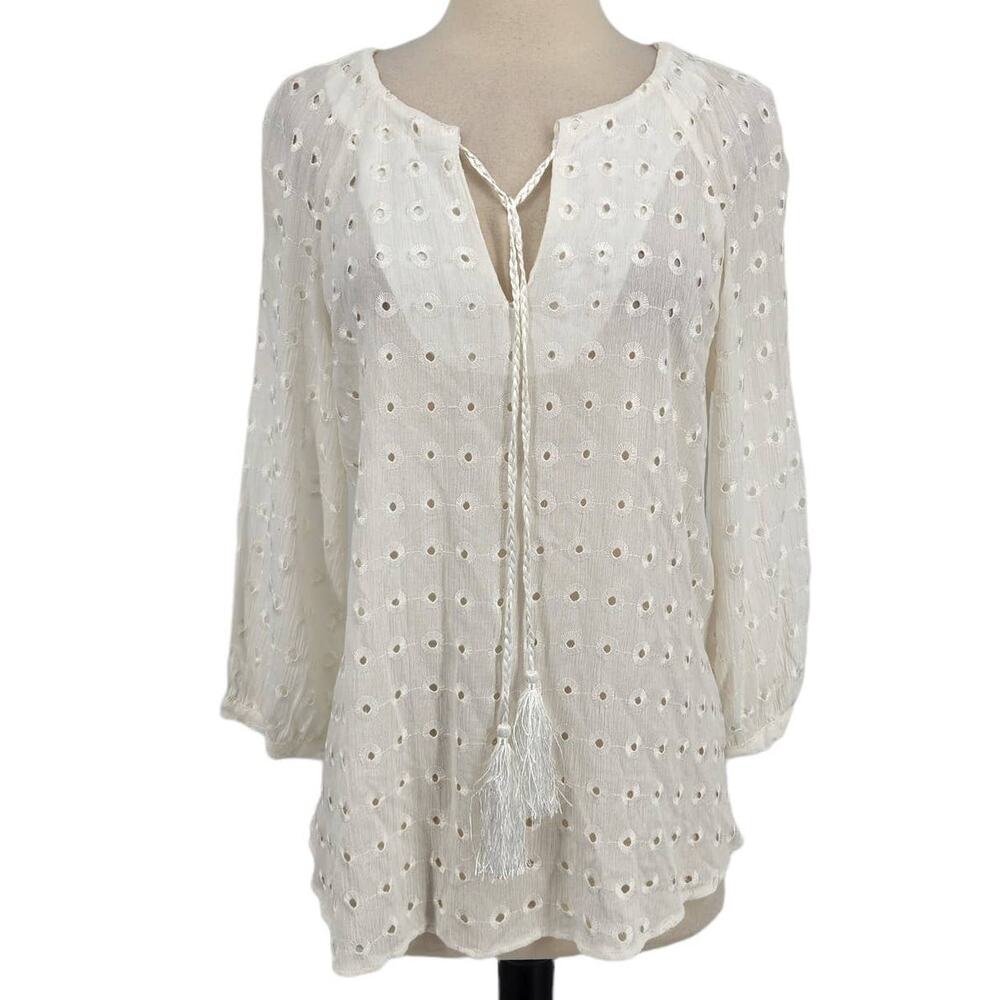 Lavender Brown Sheer Embroidered Tassel Top – Size Medium